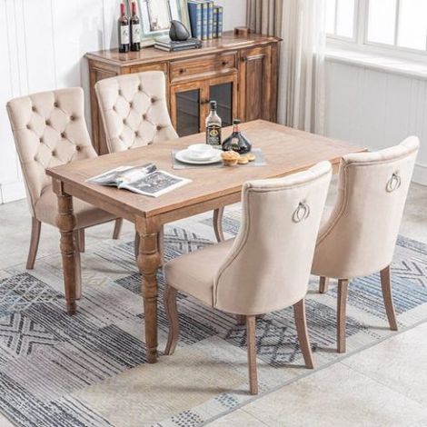Chaise de salle à manger à quatre pieds, velours beige, dossier haut capitonné, structure en bois massif — Beige (Lot de 4) (1/5)