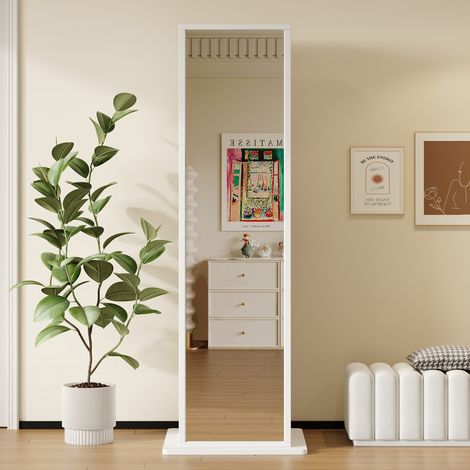 Armoire de rangement blanc 45x45x168 cm, miroir pleine longueur pivotant, étagères ouvertes, tiroir à coulisse, meuble colonne autoportant avec miroir. (1/5)
