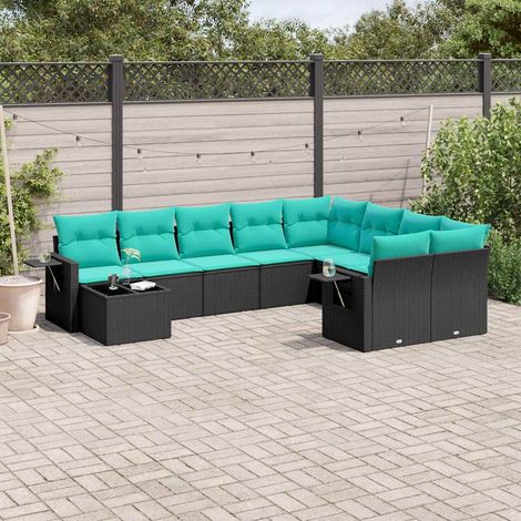 10-teiliges Gartensofa-Set mit Kissen, schwarzes Polyrattan (1/5)
