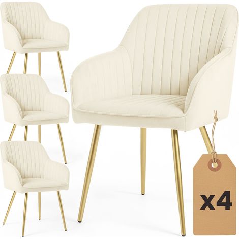 Set di 4 Sedie in velluto con cuciture verticali FLORENCE Crema gambe oro (1/5)
