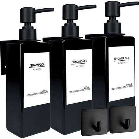3 Pièces Distributeur Savon Mural sans Percage, Distributeur de Savon Mural avec 32 Étiquettes Imperméables, 500ml Distributeur Gel Douche Mural, Distributeur Savon Salle de Bain, Noir'Flacon Noir + P