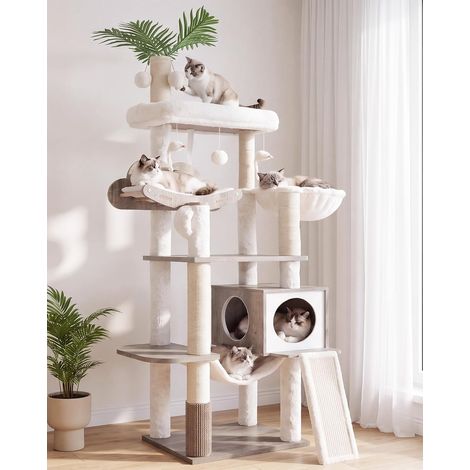 Arbre à Chat Moderne, Arbre à Chat en Bois avec 5 Griffoirs, Planche à Griffer, Panier, Tour de Jeu 156 cm, Niche, Plateforme, Hamac, 3 Pompons, Tapis Lavables, Gris Rustique HCT120SG (1/5)