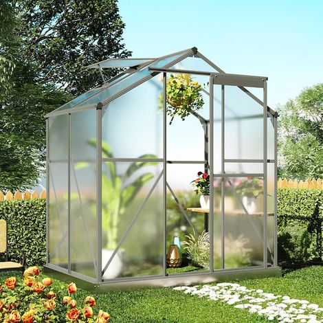 Four-season aluminum garden greenhouse, polycarbonate chalet with base and window for seedlings, plants and plants outdoors (1.2 x 1.8 m, grey) (1/5)