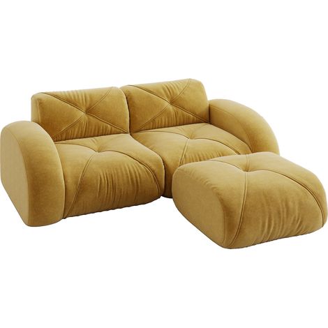 ELVMI Divano Modulare 2 Posti con Pouf, Schiuma 32D, Tessuto Chenille, Base Antiscivolo, Giallo (1/5)