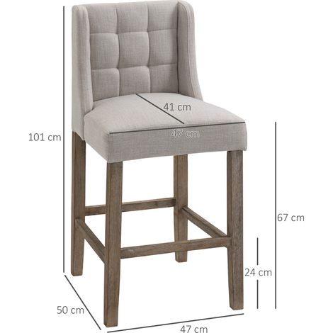 Lot de 2 tabourets de bar avec dossier, chaises hautes à capitonnage boutonné, bois massif, repose-pieds inclus, 47 x 50 x 101 cm, Gris et bois naturel (1/5)
