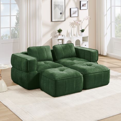 Divano modulare 2 posti 198x162x67 cm, con 2 pouf, seduta profonda, senza montaggio, poliestere verde (1/5)