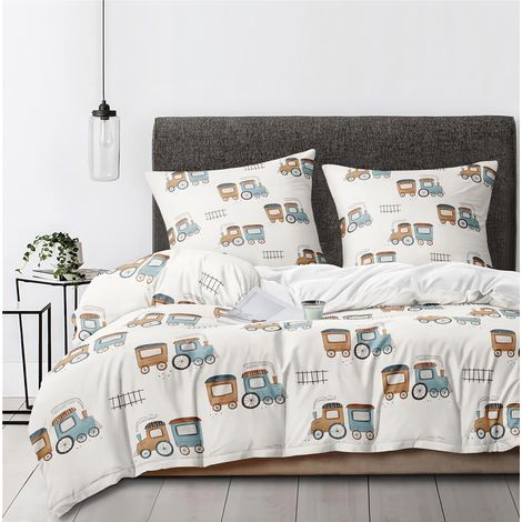 Parure de lit pour enfant avec housse de couette 135 x 200 cm et 1 taie d'oreiller 80 x 80 cm - Motif train, train beige (1/5)