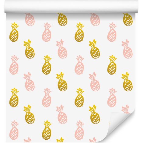 Papier peint ananas blanc, crème et corail pour salon et chambre 50x1000 cm (1/4)