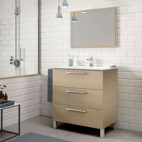 Mueble de Baño Taria Estilo Natural en Color Roble Claro con 3 Cajones, Patas y Espejo 80x86x45 cm (Lavabo Cerámico)