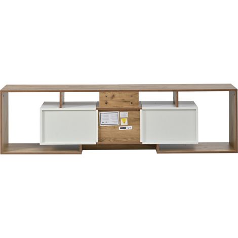 Lowboard TV 180 cm weiß und Naturholz mit 2 Klappen, 1 Tür und 3 offenen Fächern (1/5)