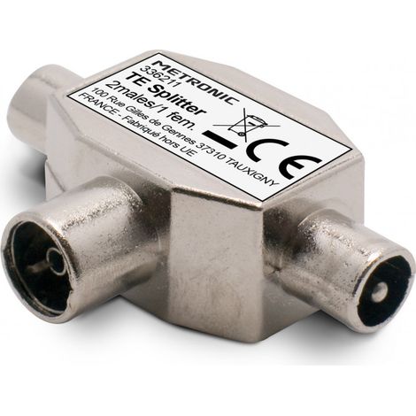 Répartiteur TV en T 9,52 mm 2 mâles/1 fem. blindé métal (1/2)