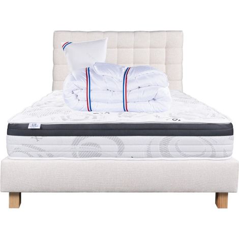 Ensemble Matelas Sleeplux, 26 cm, mousses haute densité, ferme, face été/hiver+sommier beige ep20cm+oreiller+couette+Tête de Lit, 90x190cm (1/5)