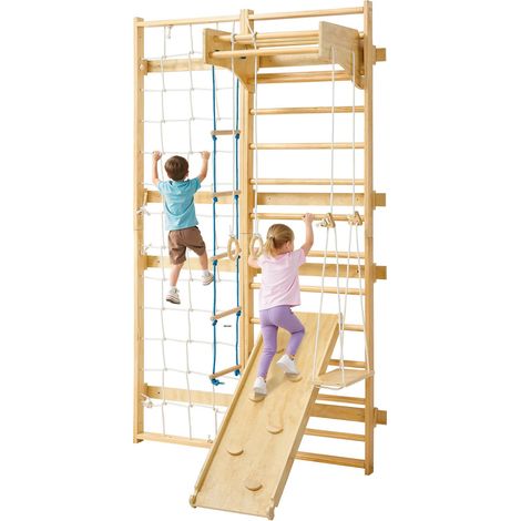 Espalier en Bois Massif, Échelle Suédoise Murale 12 Niveaux, Charge 100 kg, 8-en-1 avec Planche d'Escalade, Anneaux de Gymnastique, Barre de Traction, Échelle Murale, Toboggan et Balançoire (1/5)