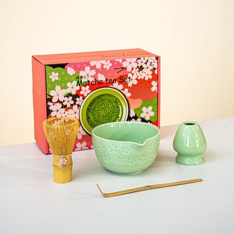 Juego de té matcha japonés, diseño de flor de cerezo, cuenco de cerámica para matcha con abertura, caja de regalo Baiben Li, alta calidad. (1/5)