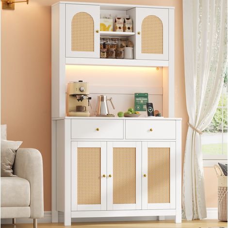Buffet haut de cuisine blanc en MDF avec LED, prises et 2 tiroirs, 100 x 40 x 180 cm (1/5)