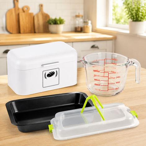 Set da cucina Compact Bake (3 pezzi) – Contenitore per il pane in stile retrò, misurino in vetro e teglia da forno 3 in 1 (1/5)