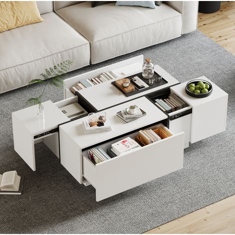 Table basse 100x60x40 cm blanche et noire en panneaux de particules avec 4 tiroirs et plateau brillant (1/5)