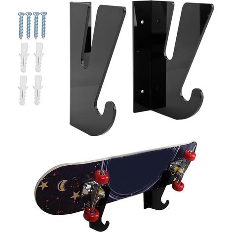 Support Mural pour Skateboard, Longboard, Snowboard et Ski, Lot de 2  Étagère Murale avec Crochets de Rangement, Support Horizontal, Design Robuste et Moderne pour Garage et Maison (1/5)