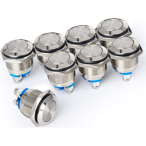 8 pièces 16mm 2A 12V/24V/125V/250VAC Bouton Poussoir Etanche Momentané avec Bornes à Vis Bouton Poussoir en Acier Inoxydable (Tête Plate) (1/5)
