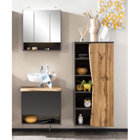 Badmöbel Set mit LED Spiegelschrank KAHLA-03 in anthrazit mit Wotan Eiche Nb. in Baumkantenoptik, B/H/T: ca. 141/200/40 cm (1/5)