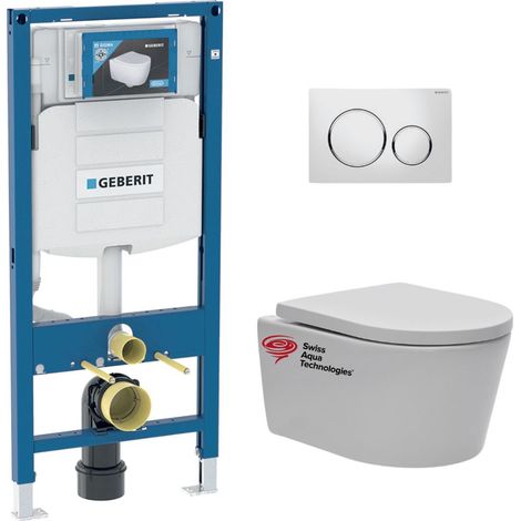 Geberit – Pack WC Bâti-support avec cuvette sans bride Swiss Aqua Technologies – Abattant SoftClose – Plaque chromée – GEBSATRIMLESSC