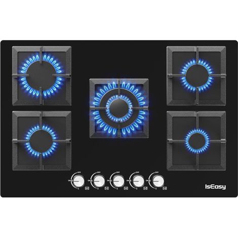 Table de cuisson gaz encastrable 5 feux - verre trempé noir - fonte - 77 x 51 cm (1/5)