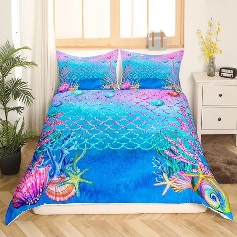 Housse de couette 135 x 200 cm Paillettes Sirène Écailles de sirène Pour enfant fille Violet pastel Bleu vert Perle multicolore Housse de couette Algues Étoiles de mer (1/5)