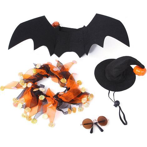 Ensemble de déguisement pour petit chien : chapeau d'Halloween, ailes de chauve-souris, lunettes et joli collier. (1/4)