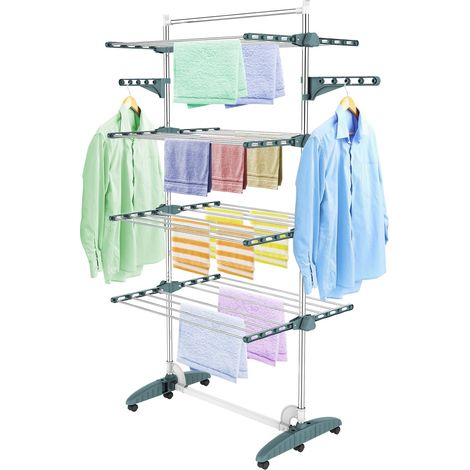 Séchoir à Linge Pliant à 4 Niveaux, Etendoir à Linge intérieur en Acier Inoxydable, Sèche-Linge 2tendoir Pliable avec Barre Supérieure, Ailes réglables en Hauteur pour Terrasse Jardin, Sarcelle (1/5)