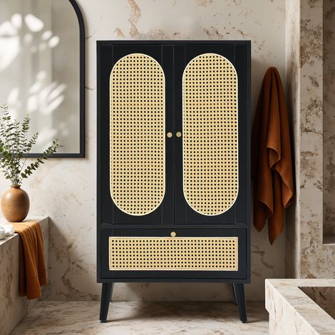 URBAN MEUBLE Meuble de salle de bain haut noir en rotin 2 portes et 1 tiroir 60x40x110,5 cm (1/5)