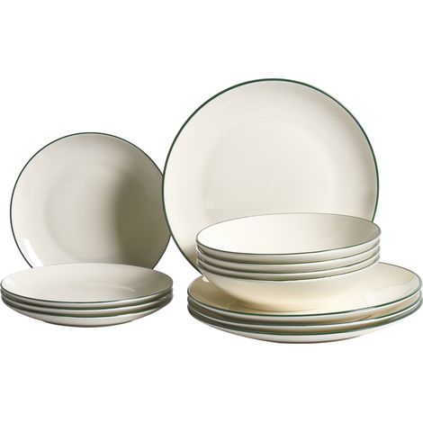 Vajilla de 12 piezas de porcelana acabado esmaltado transparente con borde decorativo ribete blanco crema y verde Cumin