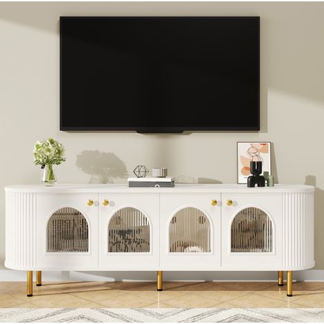 Mueble TV 170x35x55 cm blanco y dorado con 4 puertas de vidrio y cables (1/5)