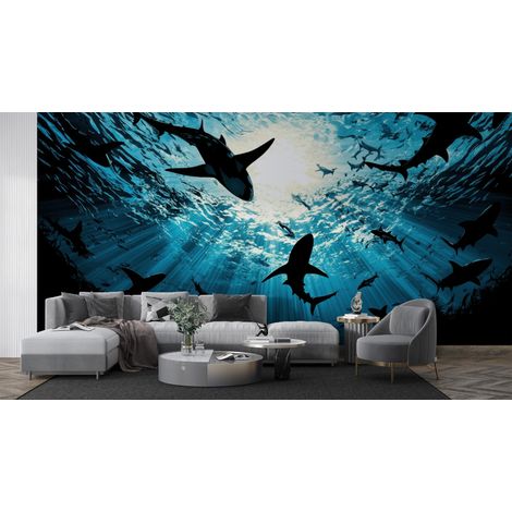 Papier peint animaux silhouettes de requins sous locean - 150 x 250 cm (1/2)