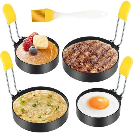 Set mit 4 antihaftbeschichteten Eierringen aus Edelstahl, inklusive Bürste und hitzebeständigem Silikondeckel. (1/5)