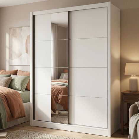 Großer Kleiderschrank Carisolo, Schlafzimmer-Schrank mit Kleiderstange, 5 Böden, 7 Fächer, 155x216h cm Mattweiß (1/5)