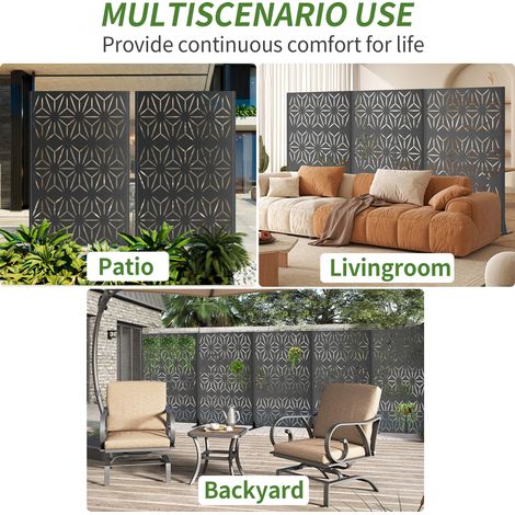 Paravent métallique autoportant d'extérieur, 183 x 116 cm, panneaux de clôture décoratifs en métal avec base stable, séparateur portable pour patio, terrasse, balcon, jardin. (1/5)