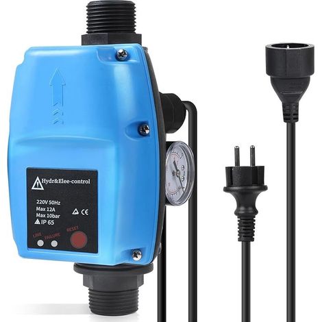 Pressostat Pompe Eau Interrupteur de Pression pour Pompe à Eau Manomètre et Câble Inclus pour Pompe Immergée, Pompe Centrifuge, Pompe de Puits Profond, Pompe de Jardin, Bleu (1/5)