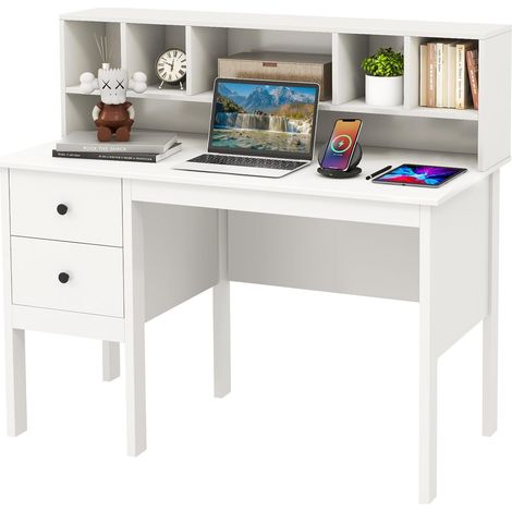 COSTWAY Scrivania con Cassetti e Libreria, Scrivania Moderna con Prese Elettriche, 5 Vani, 2 Cassetti e Porte USB, Scrivania Salvaspazio da Ufficio e Casa, Bianco (1/5)