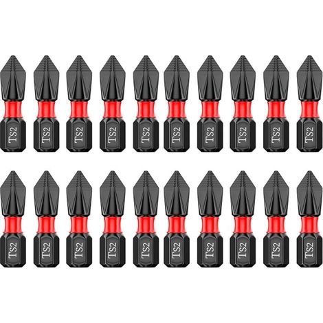 Lot de 20 embouts PH2 antidérapants de 25 mm de long - Embouts de tournevis cruciformes magnétiques 1/4" - Jeu d'embouts de visseuse à percussion en acier TS2 pour visseuse sans fil (1/5)