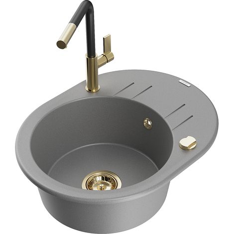 Mexen Kevin 1 Becken-Granitspüle mit Abtropffläche und Mischbatterie Flora, Grau - 6517-71-670401-57