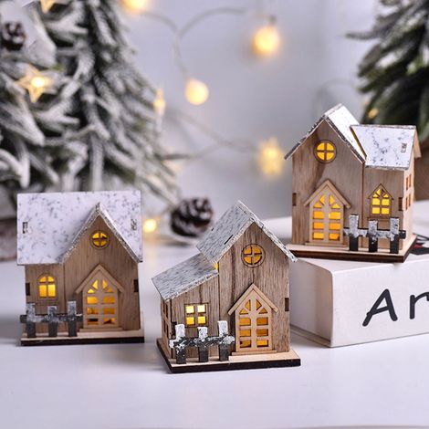 Maison De Noël En Bois - Maison Lumineuse Décorative Pour Table - Taille 9,5 x 8 x 7 cm - Lot De 2 (1/5)