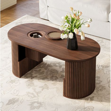 Table basse en MDF effet noyer 105 x 50 x 46,5 cm, ovale avec rangements (1/5)