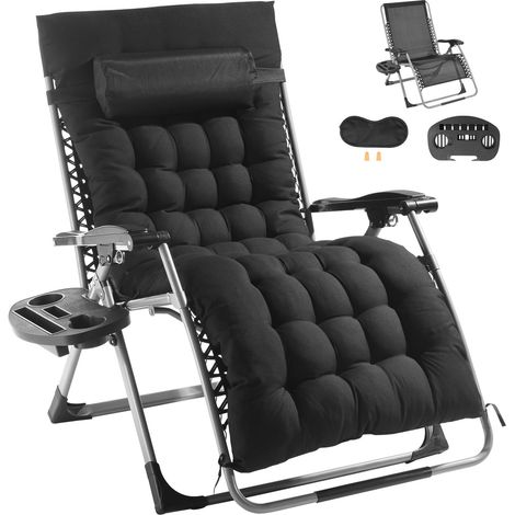 Chaise Zéro Gravité 33 pouces, inclinable réglable pour intérieur/extérieur, avec coussin, appui-tête, repose-pieds, porte-gobelet, 500 lbs, noir. (1/5)