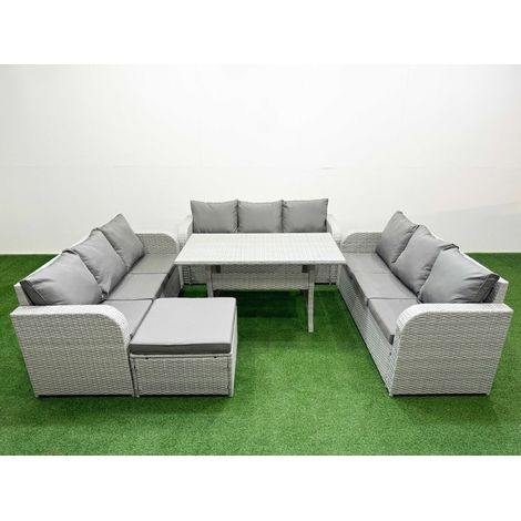 Fimous PE Rattan Lounge Sofa Set 10 Seater Outdoor Garden Furniture Set with Rectangular Dining Table 3 Seater Sofa Big Footstool Light Grey (1/4)