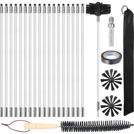 Barra de cepillo de 100 mm, 27 cepillos para chimenea (incluidas 20 barras flexibles de 410 mm), 2 cabezales de cepillo, 1 conector para taladro + accesorios para chimenea y cepillo con mango de mader (1/4)