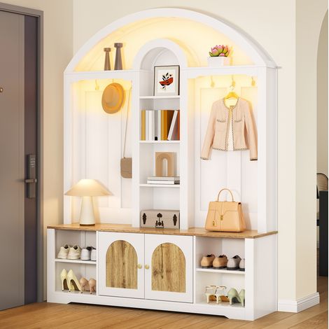 Garde-robe multifonction avec porte-chaussures, étagères et crochets 150 x 40 x 195 cm MDF blanc (1/5)