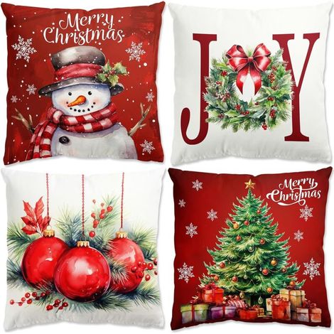 Rouge Housse Coussin Noel - 4pcs Decoration Noel Interieur Maison Housse Coussin Noel 45x45, Taies D'oreiller de Noël en Lin pour Chambre, Canapé, Christmas Decoration, Décoration Noel Intérieur (1/5)