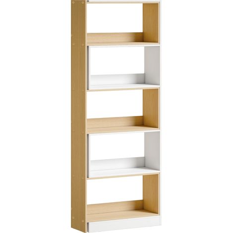 CHICFURN Librería giratoria de 5 niveles en L, estantería ampliable de tablero de partículas, color madera clara y blanco, ideal para salón y despacho (1/5)