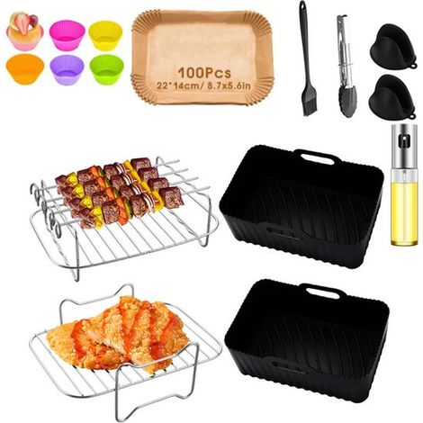 Ensemble de 16 accessoires pour friteuse à air chaud, en acier inoxydable 304, comprenant une grille à plusieurs niveaux pour friteuses à air chaud à deux zones, et un bac récupérateur de graisse en s (1/4)