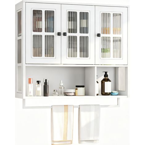 CHICFURN Mueble de baño mural de 3 puertas 88x26x82,5 cm en MDF blanco con puerta de vidrio (1/5)